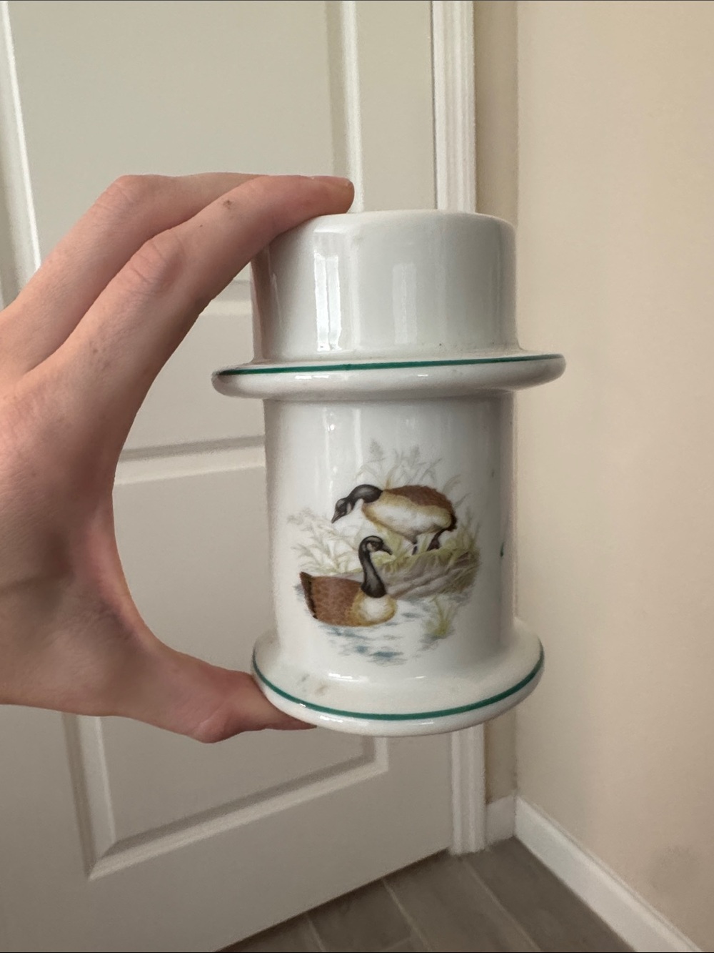 Porcelain Goose Candle stick with Green Trim